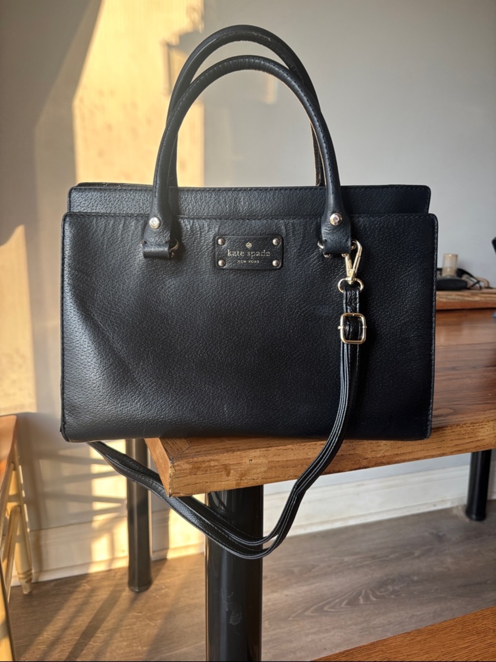 kate spade Black Pebbled Leather Satchel with Removable Crossbody Strap